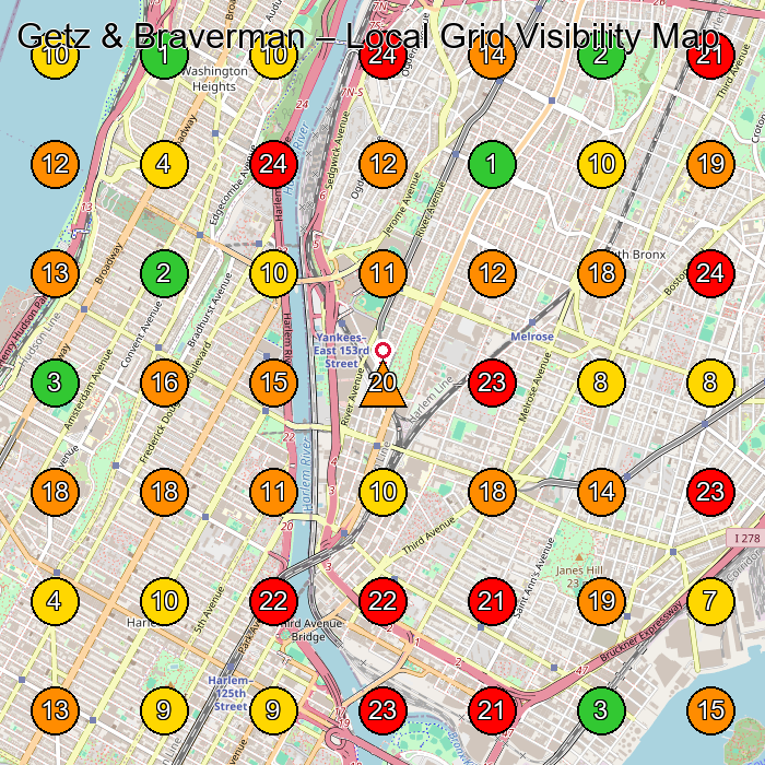 Getz & Braverman Personal Injury Attorney GeoGrid ranking map for Bronx NY